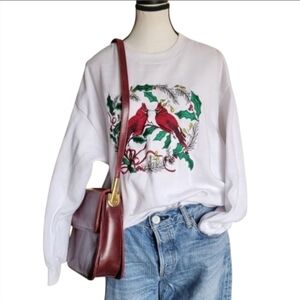 Vintage Holiday Grandmacore White Winter Sweatshirt Cardinal Holly Berries Sz XL